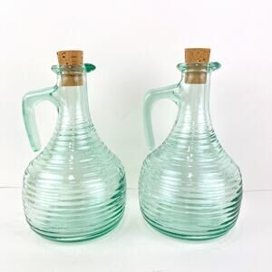 Crate and Barrel Cordoba Cruet Green Glass Set Oil and Vinegar
